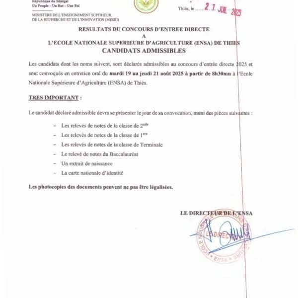 Résultats concours ENSA Thiès session 2025