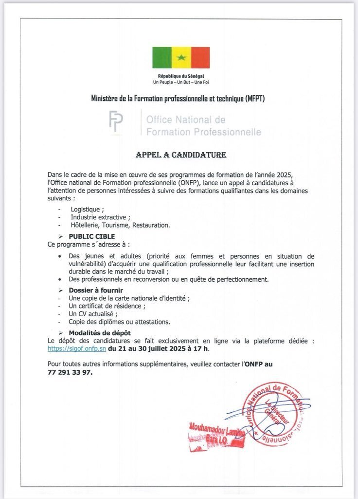 ONFP offre des formations gratuites aux Jeunes

ONFP offre des formations gratuites aux Jeunes

FORMATIONS GRATUITES AVEC L’ONFP : Une opportunité à ne pas rater !

Vous êtes à la recherche d'une formation qualifiante et 100% gratuite au Sénégal ? Bonne nouvelle : l’Office National de Formation Professionnelle (ONFP) lance une nouvelle vague d’inscriptions pour plusieurs filières stratégiques !

📌 Filières disponibles :

✅ Logistique

✅ Hôtellerie

✅ Tourisme et restauration

✅ Métiers des industries extractives

🕒 Période de candidature :

Les inscriptions sont ouvertes du 21 au 30 juillet 2025.
Attention, les places sont limitées — premier arrivé, premier servi !

🎯 Pourquoi postuler ?

📘 Formations gratuites, prises en charge par l’État

🧑‍🏫 Encadrement par des professionnels du secteur

🎓 Diplôme reconnu pour booster votre employabilité

💼 Possibilité d’insertion rapide dans le marché du travail

📥 Comment s'inscrire ?

Rendez-vous sur le site ou les canaux officiels de l'ONFP :
🔗 @ONFP_Officiel pour suivre toutes les étapes.

